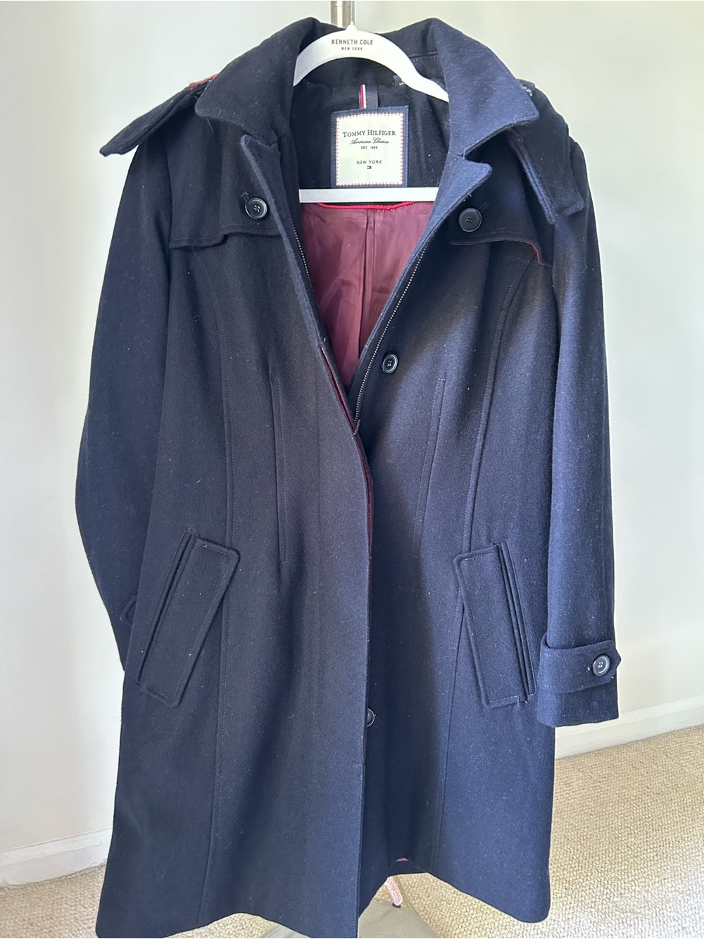 Tommy Hilfiger Navy Wool Pea Coat with Burgundy Lining